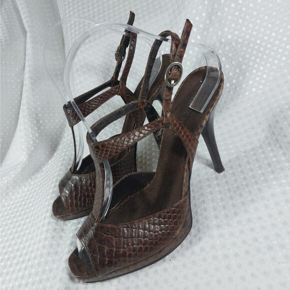 NINE WEST! ESPRESSO BROWN GENUINE LEATHER, T BAR LIZARD IMPRINT HEELS! SZ 7M - Picture 3 of 12